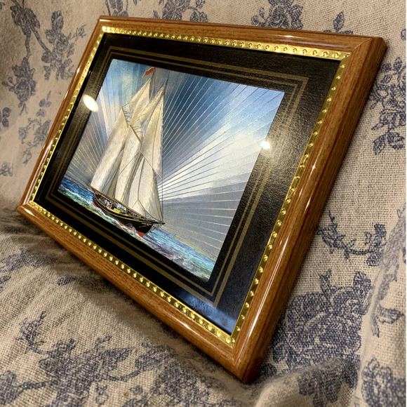 Vintage Framed Foil Art Print of Ship - Picture 3 of 10